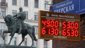 A board showing currency exchange rates on display in Moscow