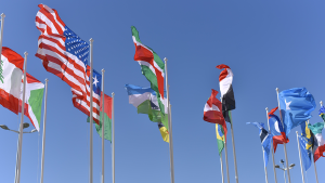 A display of flags of various countries.