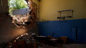 A view of the damage to a school gymnasium that was shelled, as Russia's attack on Ukraine continues, in Mykolaiv region