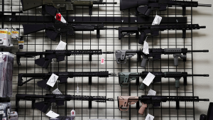An AR-15 rifles display at Firearms Unknown, a gun store in Oceanside, California.