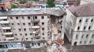 A building destroyed by Russian rockets in Kharkiv, Ukraine. 
