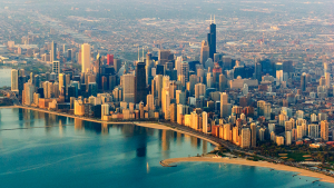 A view of the Chicago skyline from Lake Michigan.