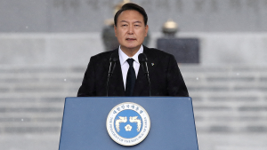 South Korean President Yoon Suk-yeol speaks at a Korean Memorial Day ceremony at the Seoul National cemetery on June 06, 2022.