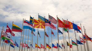 A cirular display of world flags.