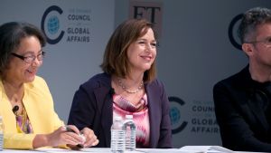 Council board member Jennifer Scanlon speaking at the 2019 Pritzker Forum on Global Cities