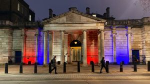 Dover House with blue and red lights on Brexit Day