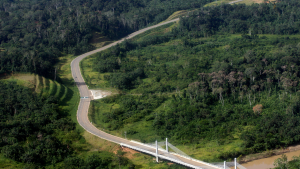 An aerial view of the bridge Integracion on the Peru-Brazil border in the Amazon jungle of Madre de Dios