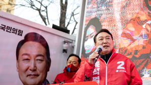 Yoon Suk-yeol giving a campaign speech on February 17, 2022 in Seoul.