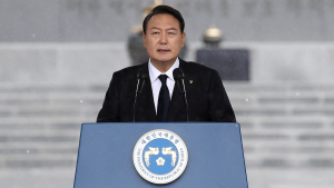 South Korean President Yoon Suk-yeol speaks at a Korean Memorial Day ceremony at the Seoul National cemetery on June 06, 2022.