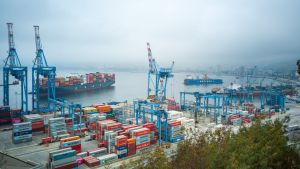 Shipping containers in port in Valparaiso, Chile via Unsplash 
