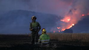 Two firefighters work the site of a wildfire in Spain.