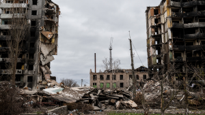 A destroyed apartment building in Borodyanka, Ukraine.