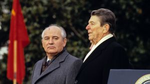 Gorbachev and Reagan stand side by side