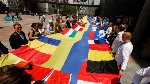 The Ukrainian flag is displayed outside the European Parliament in Brussels, June 2022