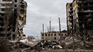 A building destroyed by Russian military in Ukraine. 