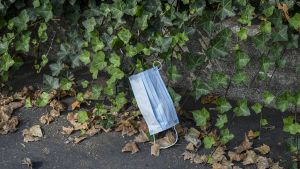 a blue face mask left on the ground