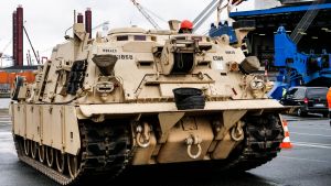 US army tank arrives in Germany from a cargo ship