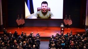 Ukrainian President Volodymyr Zelenskyy delivers a virtual address to members of Congress 