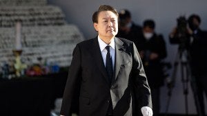 South Korean President Yoon Suk-yeol visits a mourning altar for victims of the Halloween disaster in Seoul