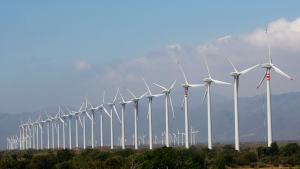 A row of wind turbines in La Ventosa, Oaxaca, southern Mexico.
