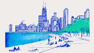 An illustration of a Chicago's skyline from the lakefront
