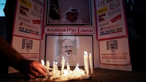 The Committee to Protect Journalists and other press freedom activists hold a candlelight vigil in front of the Saudi Embassy to mark the anniversary of the killing of journalist Jamal Khashoggi