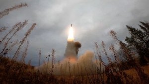 A Yars ICBM is launched in strategic deterrence forces exercises 