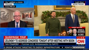 Screenshot of Ivo Daalder speaking next to insert of President Zelenskyy and Biden standing at White House.