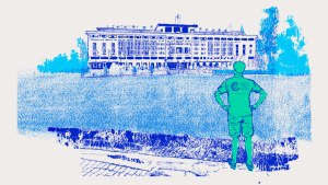 An illustration of a person looking at a large building