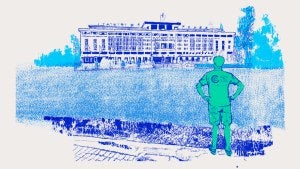 An illustration of a person looking at a large building