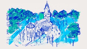 An illustration of an aerial view of a church with a steeple in a small town