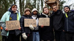 Climate activists Luisa Neubauer, Greta Thunberg, Lakshmi Thevasagayam, and Florian Oezcan protest against the expansion of the Garzweiler open-cast lignite mine