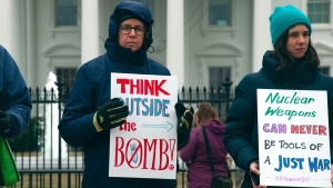 Anti-nuclear war protestors outside of the White House.
