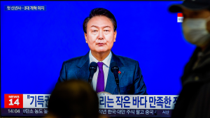South Korean President Yoon Suk-yeol gives a New Year's address on January 1, 2023.