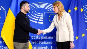 Ukrainian President Volodymyr Zelenskiy meets with European Parliament President Roberta Metsola