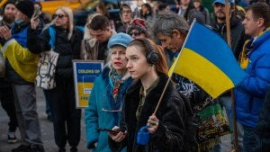 Ukraine supporters gather in Times Square to protest Russia's participation in the 2024 Summer Olympic Games, in New York, NY on February 11, 2023. 