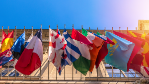 A row of world flags blowing in the wind.