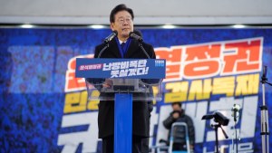 Democratic Party leader Lee Jae-myung address a speech during the denunciation of dictatorship of the Yoon Suk-yeol regime