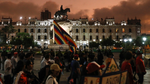 A protest demanding for an indefinite nationwide strike in Lima, Peru on February 9, 2023.