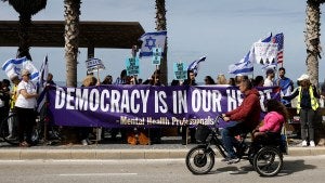 Demonstrators call on the US to intervene to stop Benjamin Netanyahu's government to press on with its judicial overhaul