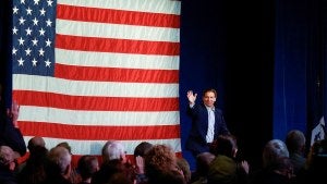Florida Governor Ron DeSantis arrives onstage for his first trip to Iowa 