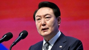 South Korea's President Yoon Suk Yeol speaks during a ceremony
