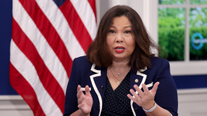 Senator Tammy Duckworth participates in a virtual townhall addressing the Build Back Better Agenda on October 14, 2021.