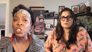 Ertharin Cousin and Sharmeen Obaid-Chinoy screenshot speaking on split screen via zoom, Council bug in the upper right corner.