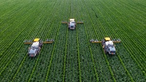 Three tractors plow a green field.