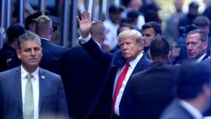Former President Donald Trump arrives at Manhattan Criminal Court in New York City