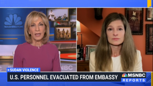 Andrea Mitchell (L) speaking with Lizzy Shackelford (R) on MSNBC.