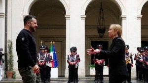 Italian Premier Giorgia Meloni, right, meets Ukrainian President Volodymyr Zelenskyy at Chigi Palace, Government's office, in Rome