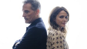 Rufus Sewell, left, and Keri Russell pose to promote "The Diplomat".
