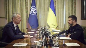 NATO Secretary General Jens Stoltenberg, left, and Ukrainian President Volodymyr Zelenskyy, right, talk during their meeting in Kyiv, Ukraine, Thursday, April 20, 2023.